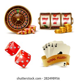 Casino design elements with cards, chips, slot machine, dice and roulette. 