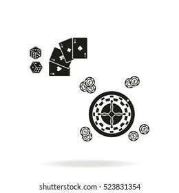Casino design elements with cards, chips, dice and roulette.