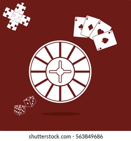 Casino design elements with cards, chips, dice and roulette.