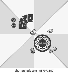 Casino design elements with cards, chips, dice and roulette.