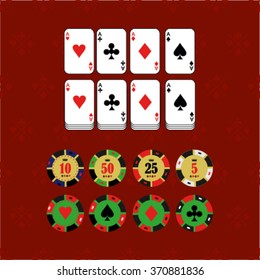 Casino  design elements vector icons. Casino games.Ace playing cards with chips on red background.Set of gambling chips