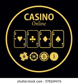 Casino  design elements vector icons. Casino games.Ace playing cards with chips on  background.Set of gambling chip