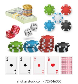 Casino Design Elements Vector. Poker Chips, Playing Cards, Craps. Isolated Illustration 
