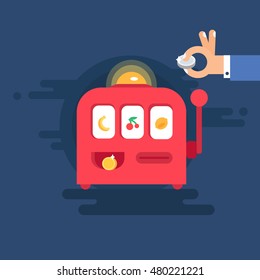 Casino design items. Gambling machine with money. One armed bandit. Variations of hands. Vector