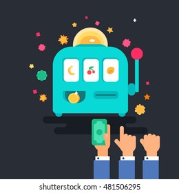 Casino design items. Gambling machine with money. One armed bandit. Variations of hands. Vector