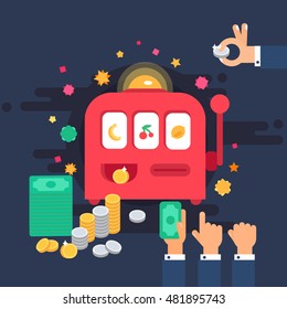 Casino design items. Gambling machine with money. One armed bandit. Variations of hands. Vector