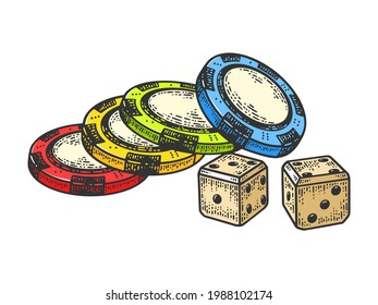 Casino dice and chips color line art sketch engraving vector illustration. T-shirt apparel print design. Scratch board imitation. Black and white hand drawn image.