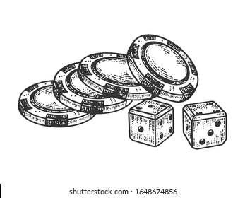 Casino dice and chips sketch engraving vector illustration. T-shirt apparel print design. Scratch board imitation. Black and white hand drawn image.