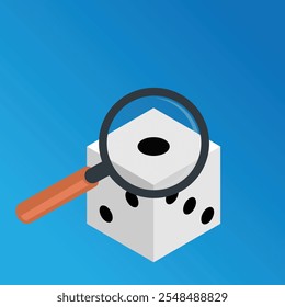 Casino dice with magnifying glass on it and copy space