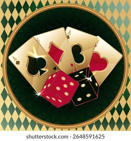 Dados de casino e cartas de pôquer convite fundo, ilustração vetorial