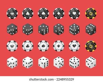 Casino, dados y fichas de póquer. Ilustración vectorial.