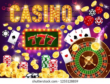 Casino dice and poker, king slots 777 vector. Coins and four aces, golden chips and roulette wheel. Gambing game championship or tournament, slot machine and playing cards, jackpot and dices