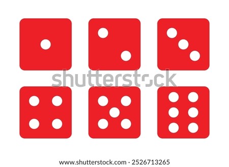 Casino dice set in red and white color, dice collection. Vector icons. Game dice set. One to six. Traditional game dice marked with different numbers of dots. Vector illustration