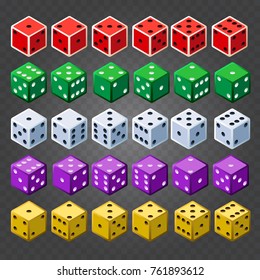 Casino dice. Vector colorful gambling dice set on transparent background