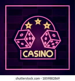 casino, dices gambling banner neon sign on brick wall vector illustration