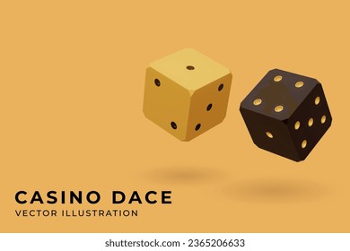Casino dices isolated on yellow background. Vector realistic 3d illustration. Casino or gambling concept. Game sign. Shiny two cubes.