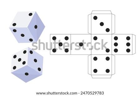 Casino dices scan scheme. Printable template for assembling. 3D gambling plastic cubes. White craps with black dots. Cut and fold DIY. Origami assemblage. Fortune play