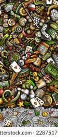 Casino doodle banner. Cartoon vector detailed flyer. Illustration with gambling objects and symbols. Colorful background