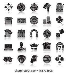 Casino drop shadow black glyph icons set. Gambling. Cards games. Isolated vector illustrations
