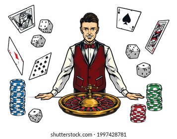 Casino elements colorful vintage concept with smiling croupier roulette wheel poker chips stacks falling playing cards and dice isolated vector illustration