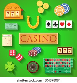 Casino elements Flat design modern vector illustration of casino items, gambling chips, poker cards, roulette, money, dice, ace, coin, cash, horseshoe, bandit, clover, lottery icons with long shadow.