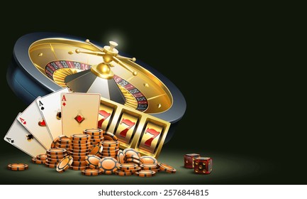 Casino elements. Slot Machine , сards, chips, dices and roulette. Casino advertising template.  Big win illustration  casino.