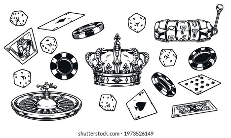 Casino elements vintage composition with slot machine roulette wheel royal crown dice poker cards and chips in monochrome style isolated vector illustration