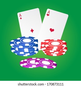 Casino elements.Poker cards and chips (blue, red,violet).