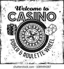 Casino emblem with roulette wheel on textured background vector illustration