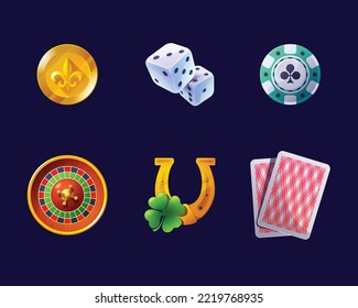 Casino equipment symbols accessories.Vector gambling design with poker cards and dice, a roulette wheel, and playing chips.Patrick's day, lucky talisman. Golden horseshoes, four-leaf shamrock clover.