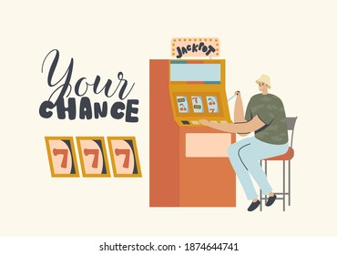 Casino, Financial Freedom, Game of Chance Concept. Happy Man Playing One-Handed Bandit. Male Character Success, Win Money Slot Machine, Gambling Addiction, Entertainment. Linear Vector Illustration