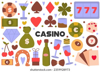 Casino flat cartoon set. The illustration depicts all the attractiveness of the casino through the bright of the images of chips, cards and other paraphernalia of gambling. Vector illustration.