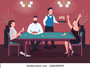 Casino flat color vector illustration. Three people play poker. Woman win card game at green table. Chips to make stakes. Gambler 2D cartoon characters in interior with waiter on background