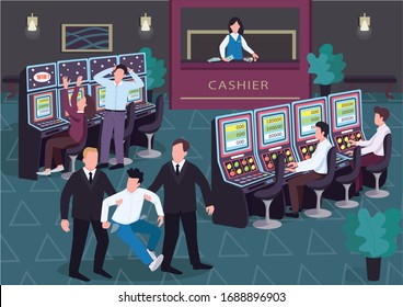 Casino flat color vector illustration. Man and woman play lottery. Security walk off loser with empty pockets. Gambler 2D cartoon characters in interior with group of people on background