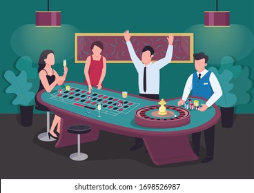 Casino flat color vector illustration. Man win at roulette game. Woman bet on red. Put stake on black. Croupier with chips. Gambler 2D cartoon characters in interior with competitors on background