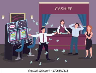 Casino flat color vector illustration. Man winning at game of chance. Slot machines throw cash prize. Winner celebrates. Gambler 2D cartoon characters in interior with cashier counter on background