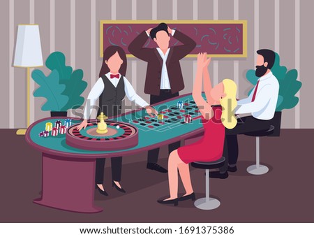 Casino flat color vector illustration. Group of people play at roulette table. Croupier deal chips. Woman spin wheel. Gambler 2D cartoon characters in interior with competitors on background