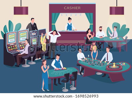 Casino flat color vector illustration. People play poker at table. Man spin roulette wheel. Woman at slot machine. Gambler 2D cartoon characters in interior with cashier on background