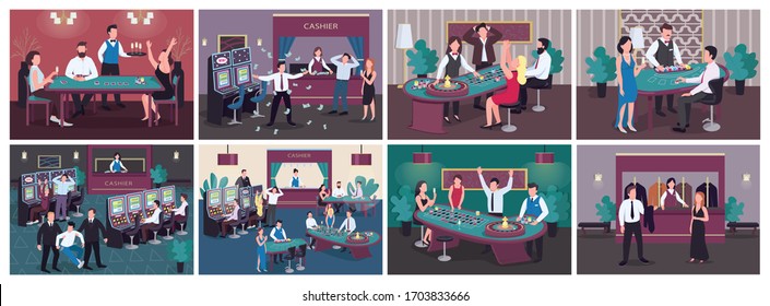 Casino flat color vector illustrations set. Woman win betting on red in roulette. Man get cash prize from slot machine. Luxury entertainment establishment. Gambler 2D cartoon characters in interior