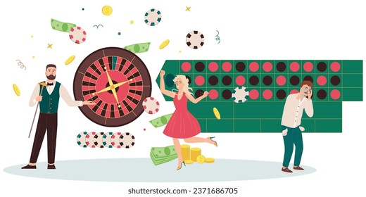 Casino flat composition with beautiful fashionable girl and sad loser with pockets turned out vector illustration