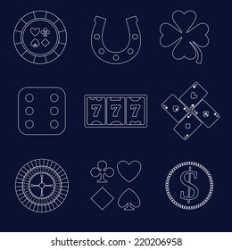Casino flat design elements with shamrock horseshoe chip icons set isolated vector illustration