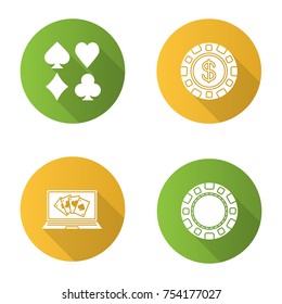 Casino flat design long shadow glyph icons set. Casino chips, online poker, playing cards suits. Vector silhouette illustration