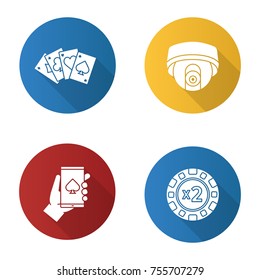 Casino flat design long shadow glyph icons set. Doubledown chip, four aces, surveillance camera, online casino. Vector silhouette illustration