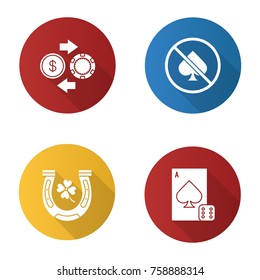 Casino flat design long shadow glyph icons set. Horseshoe, four leaf clover, casino chips and real money exchange, no gambling, playing card with dice. Vector silhouette illustration