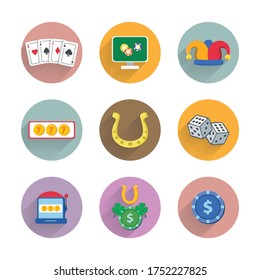 casino flat icon set with long shadow with casino slot, dices, playing card, joker cap