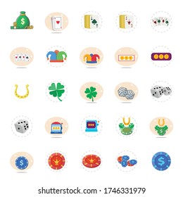 casino flat icon set with casino slot, dices, playing card, joker cap