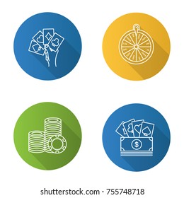 Casino flat linear long shadow icons set. Four aces in hand, wheel of fortune, real money casino, stack of gambling chips. Vector outline illustration