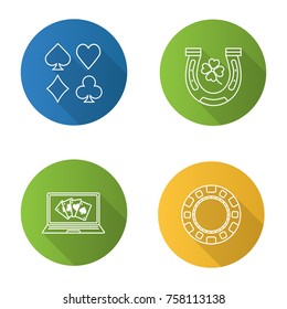 Casino flat linear long shadow icons set. Online casino, four leaf clover and horseshoe, gambling chip, playing cards suits. Vector outline illustration