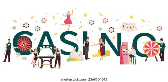 Casino flat text consisting of big letters at small gamers characters background vector illustration