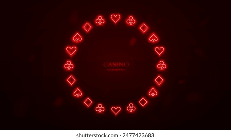 A casino frame made of neon poker card suits on a red background.